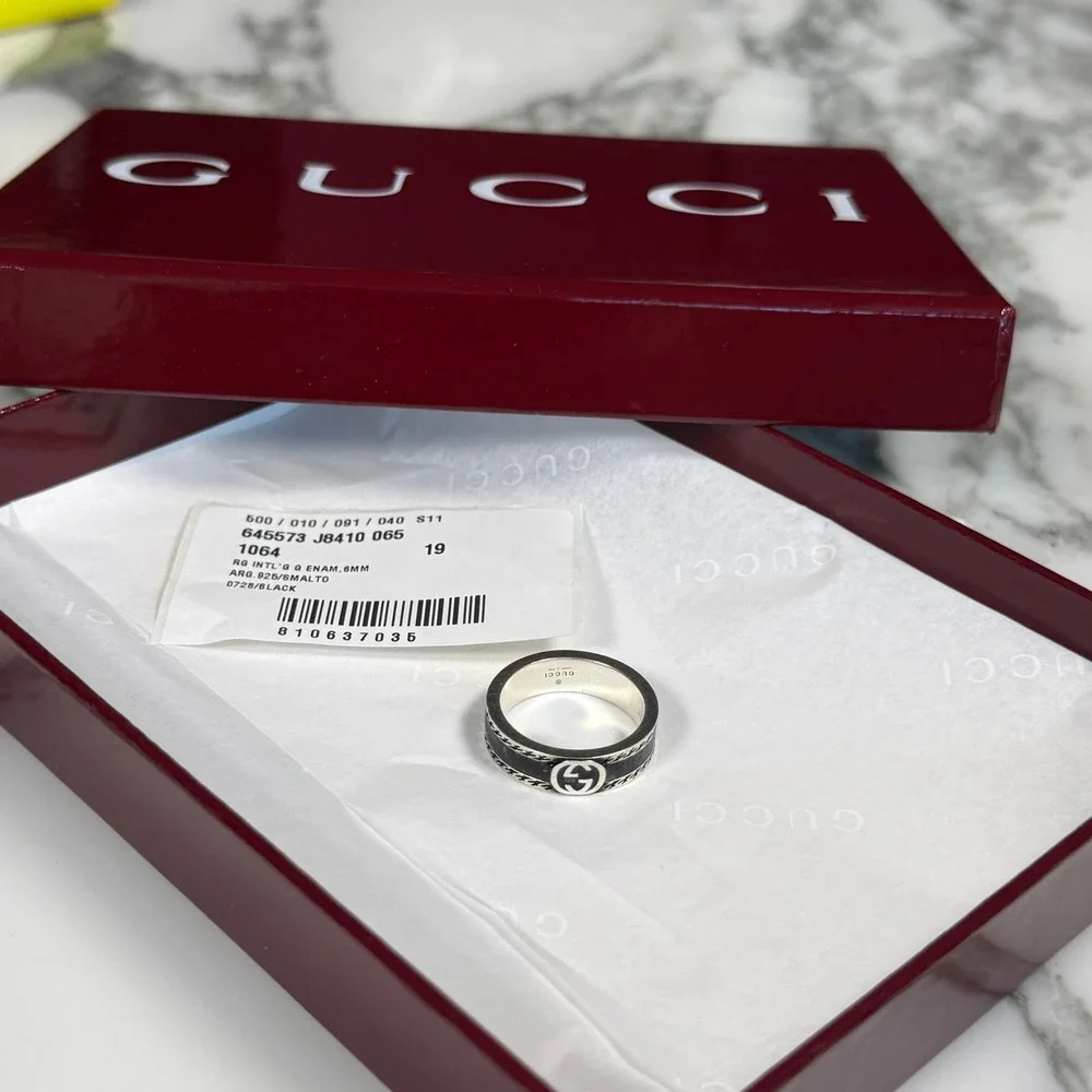 Gucci 745573 Interlocking GG Black Resin Sterling Silver Ring Size 19 US 8 3/4